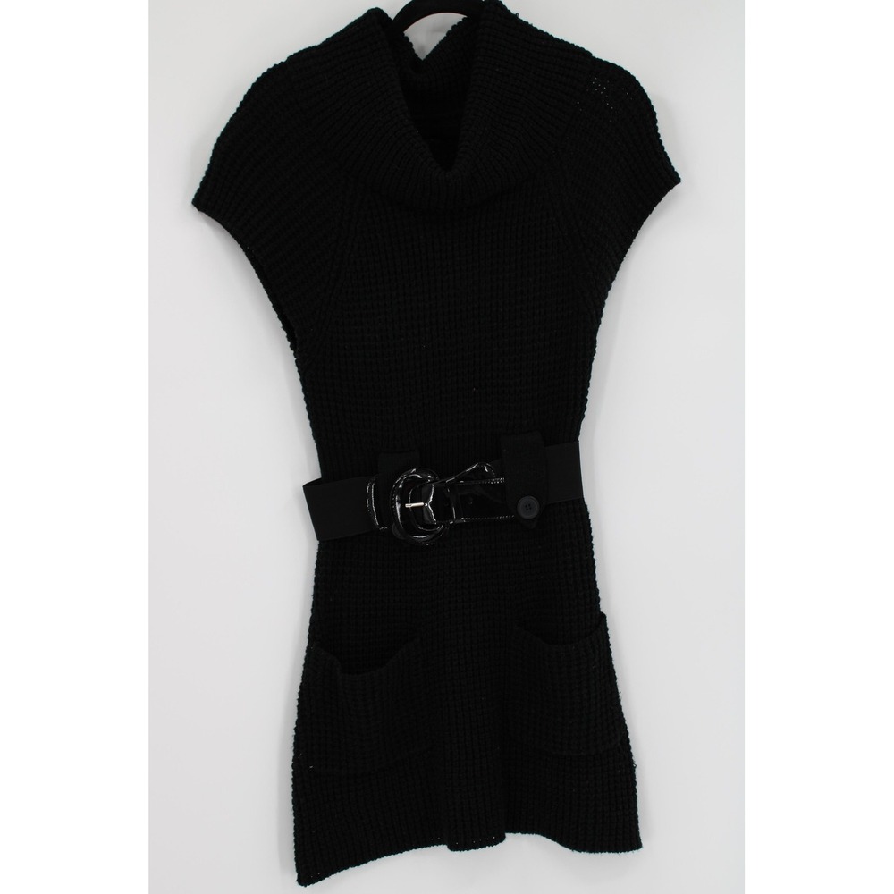Self Esteem Sweater Womens Large Black Chunky Knit Belted Cowl Neck Pockets